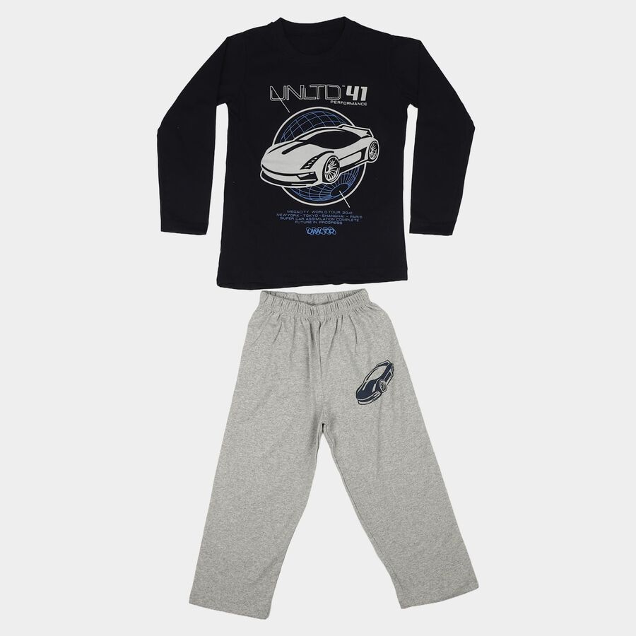 Boys Navy Blue Round Neck Graphic Print Baba Suit, Navy Blue, large