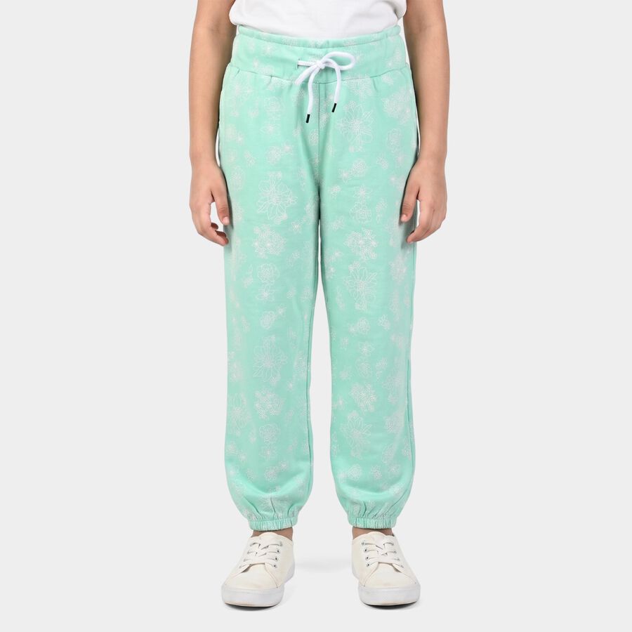 Girls' Mint Green Jogger Floral Printed Pyjama, हल्का हरा, large