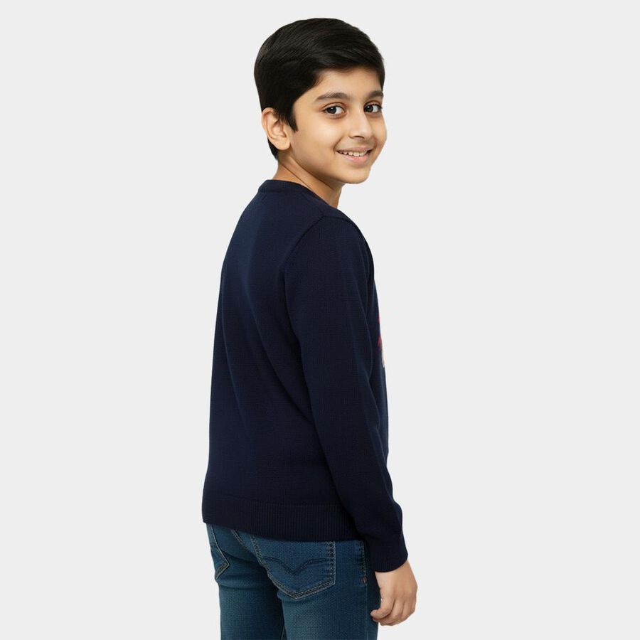 Boys' Deep Midnight Navy Blue Crew Neck Graphic Pullover, Navy Blue, large image number null
