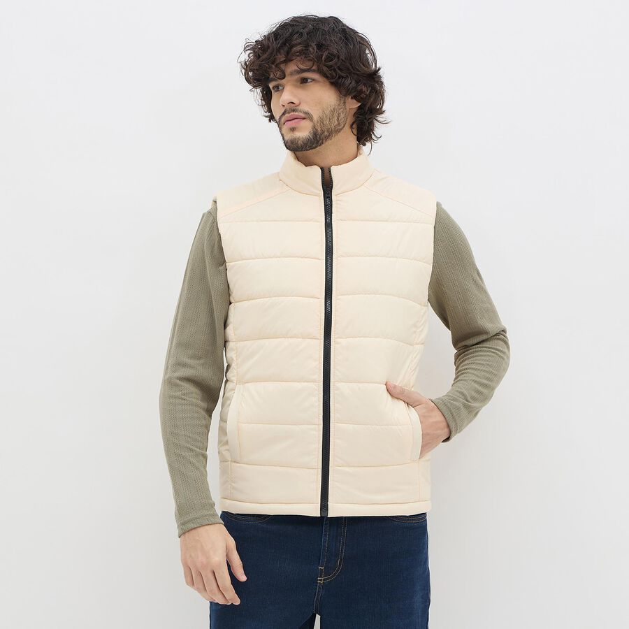 Men's Light Beige High Neck Casual Jacket, एक्रू मिश्रित, large image number null