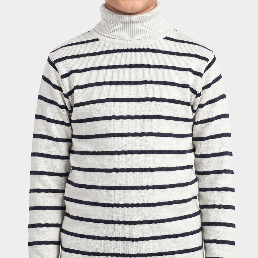 Boys White High Neck Striped Pullover, White, large
