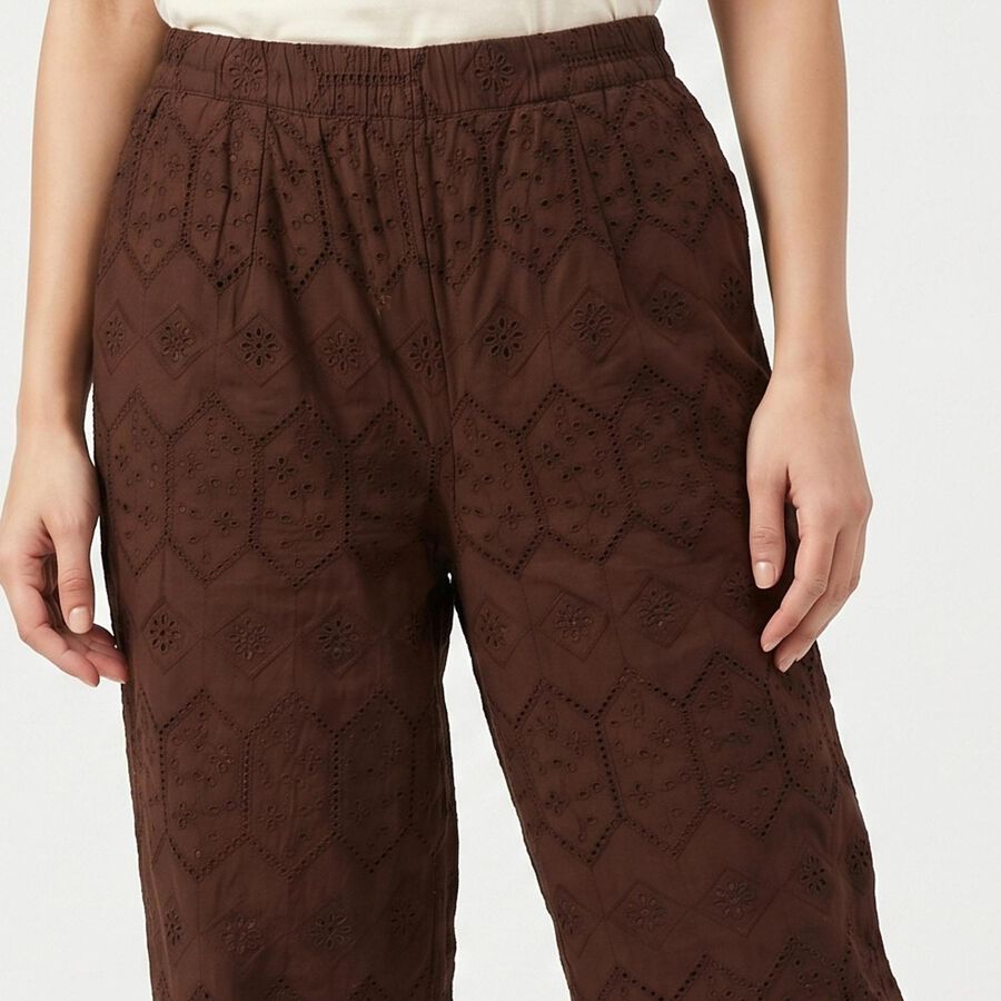 Women's Brown Wide Leg Embroidered Trousers, भूरा, large