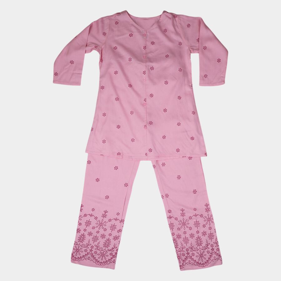 Girls Pink Floral Printed Kurta and Pant Fusion Set, हल्का गुलाबी, large