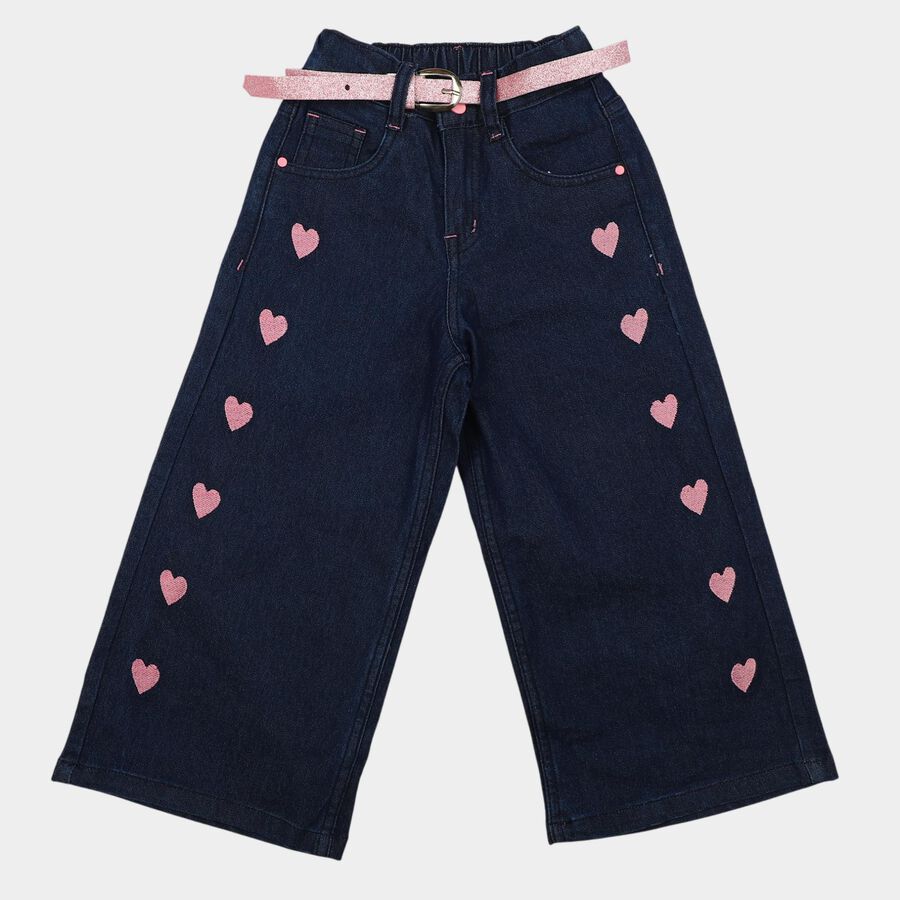 Girls' Navy Blue Wide Leg Heart Print Jeans, Dark Blue, large