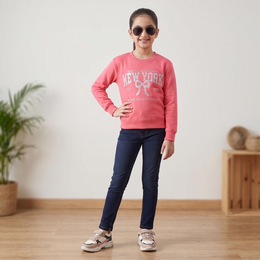 Girls' Pink Round Neck Graphic Pullover Sweatshirt, Pink, large