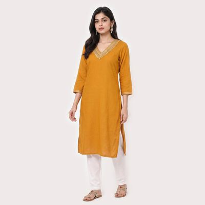 Women's Mustard V-Neck Embroidered Kurta