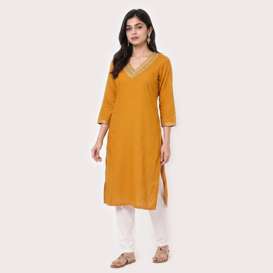 Women's Mustard V-Neck Embroidered Kurta, Yellow, large