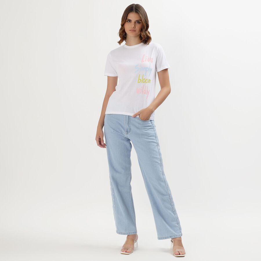 Women's Light Powder Blue Straight Fit Embroidered Jeans, Mid Blue, large image number null