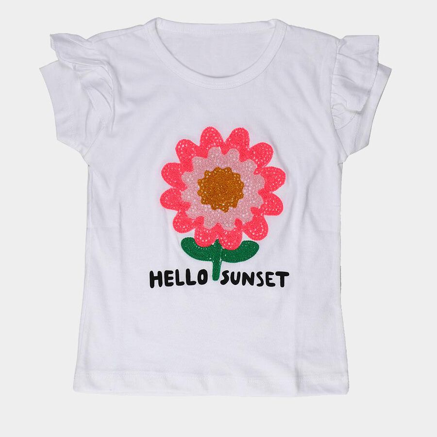 Girls' White Cotton Round Neck Casual T-Shirt, White, large