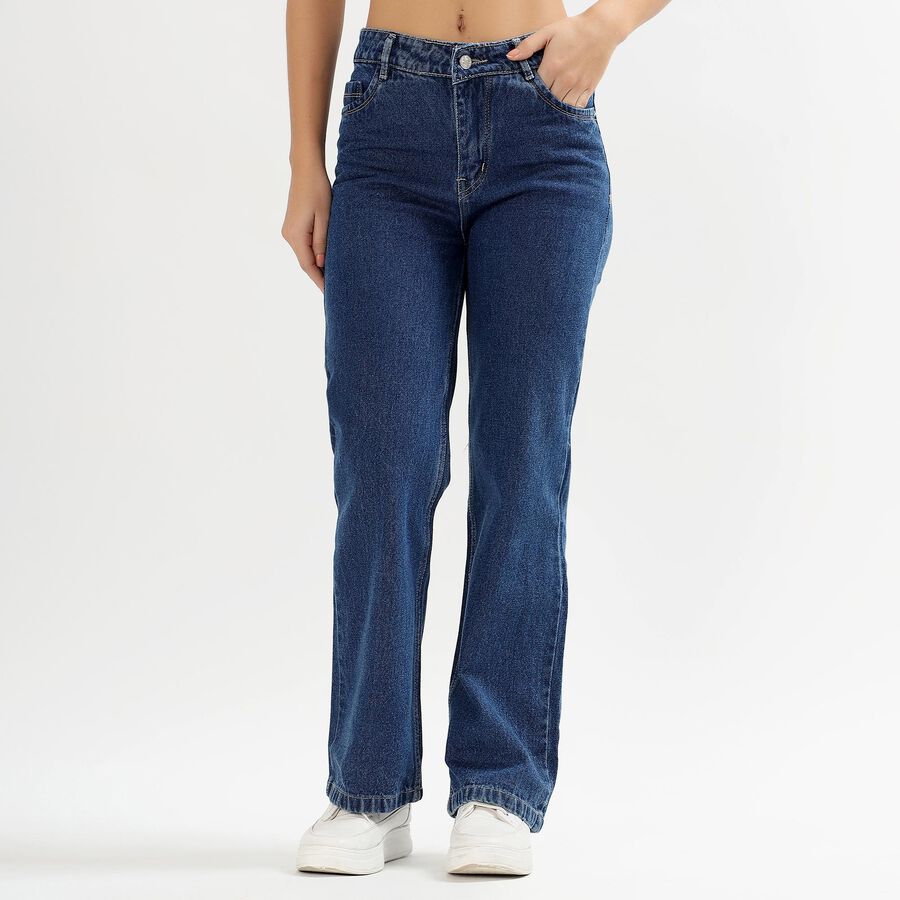 Ladies' Stonewashed Blue Wide Leg High Rise Jeans, Mid Blue, large image number null
