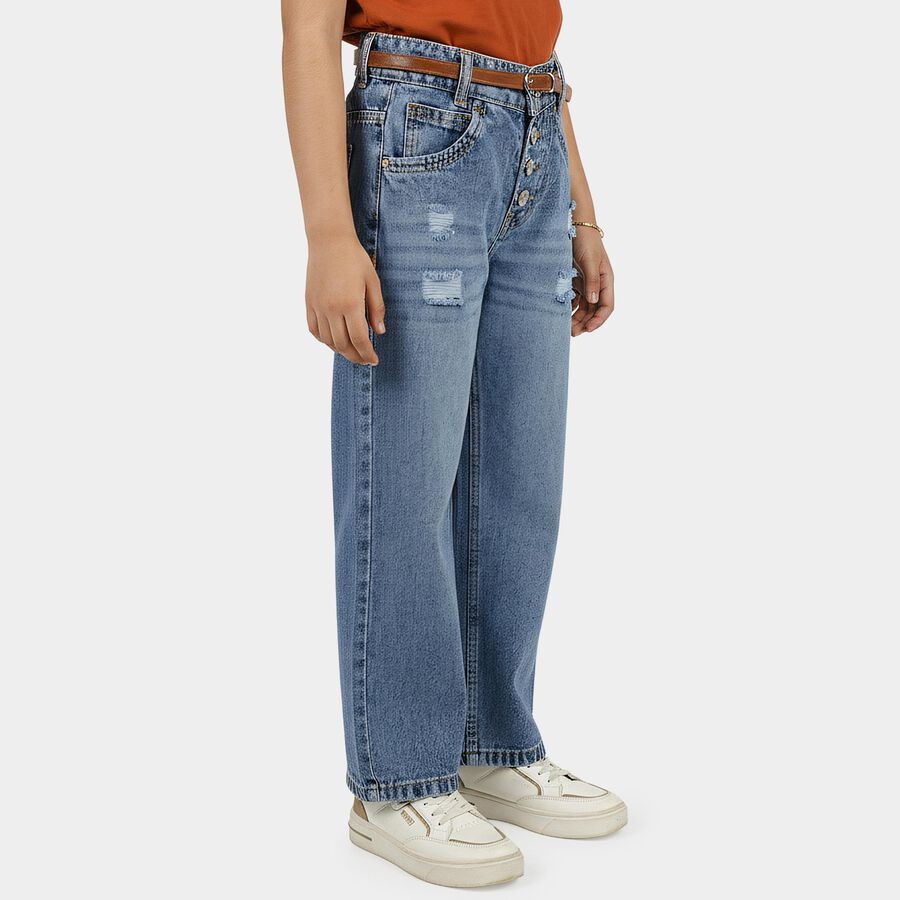 Girls' Blue Regular Fit Cotton Jeans, Mid Blue, large