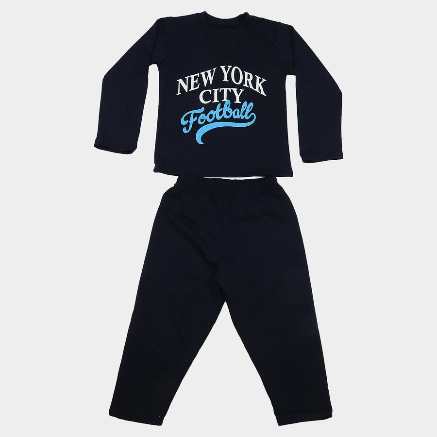 Boys Navy Blue Crew Neck Graphic Print Baba Suit, Navy Blue, large