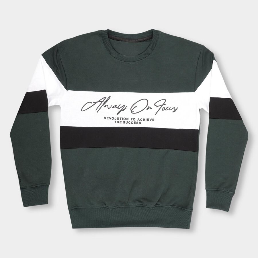 Boys Dark Forest Green Crew Neck Printed Sweatshirt, गहरा हरा, large image number null