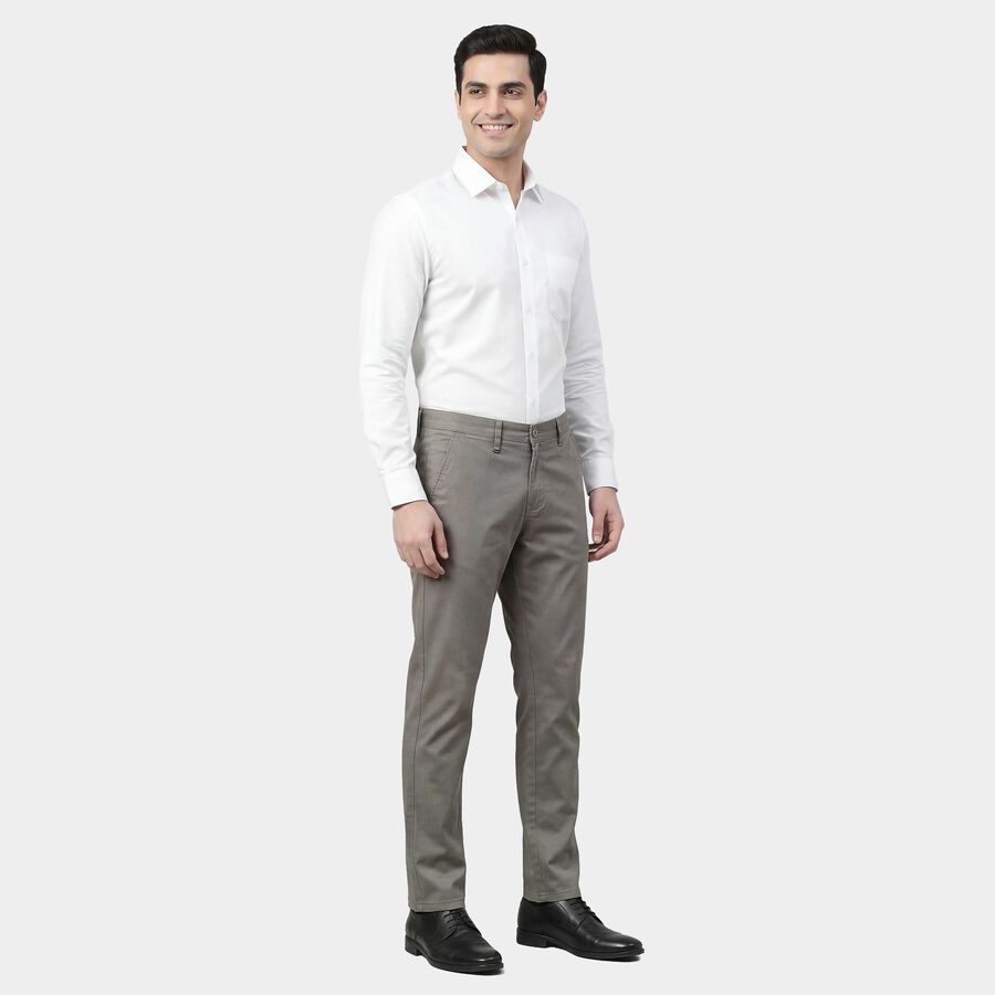 Men's Light Grey Slim Fit Flat-Front Casual Trousers, Light Grey, large