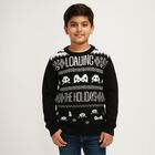 Boys Jet Black Round Neck Graphic Pullover, काला, small image number null