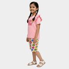 Girls' Pink Cotton Crew Neck Printed Top and Shorts Set, हल्का गुलाबी, small