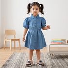 Girls' Blue Fit and Flare Embellished Shirt Collar Frock, मध्यम नीला, small