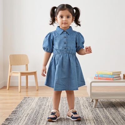 Girls' Blue Fit and Flare Embellished Shirt Collar Frock