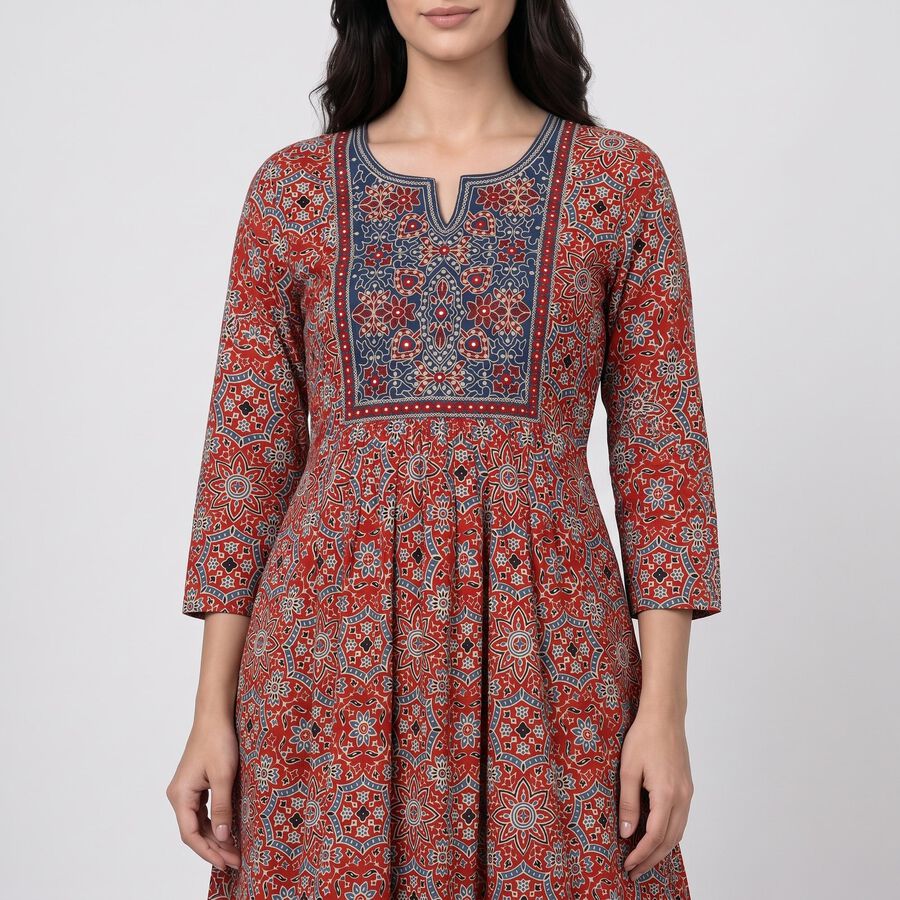 Women's Wine Notch Neck Printed Flared Kurta, Wine, large