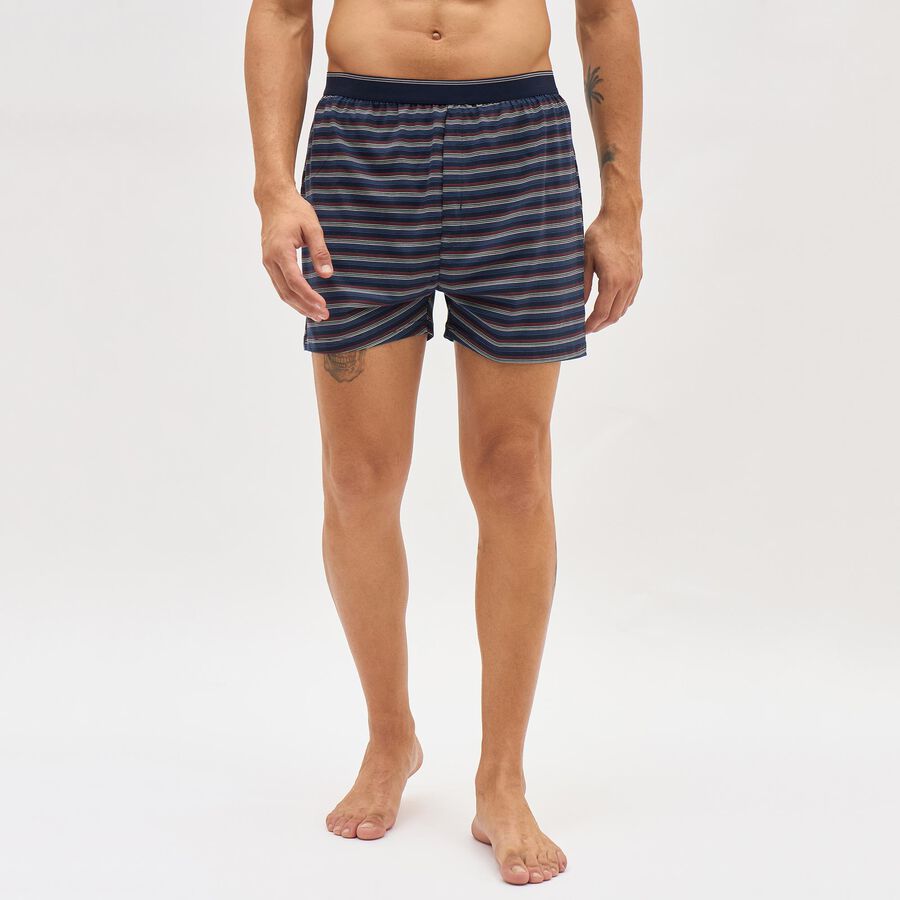 Men's Dark Navy Relaxed Fit Striped Cotton Boxers, Navy Blue, large image number null