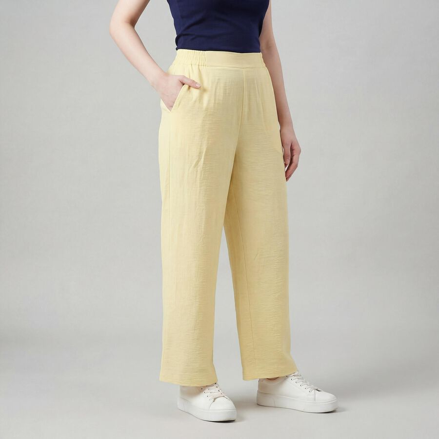 Women's Yellow Wide-Leg Elastic Waist Trousers, पीला, large