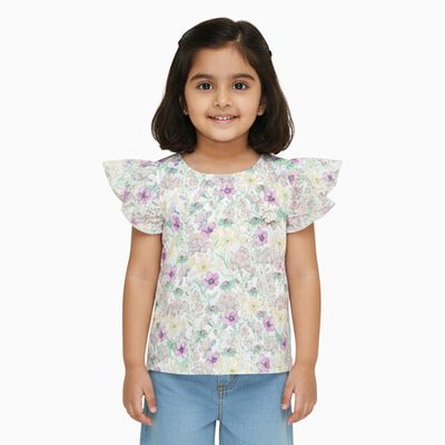 Girls' Off White Round Neck Casual Floral Printed T-Shirt