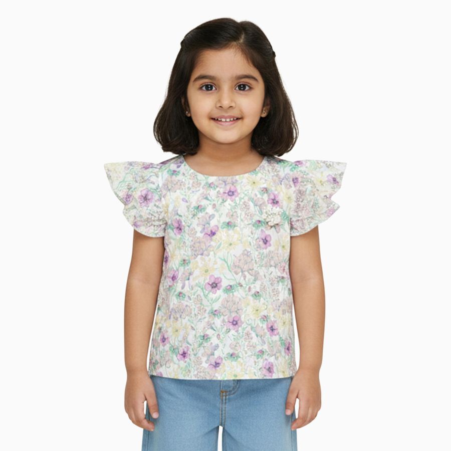 Girls' Off White Round Neck Casual Floral Printed T-Shirt, Off White, large image number null