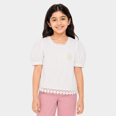 Girls White Round Neck Regular T-Shirt