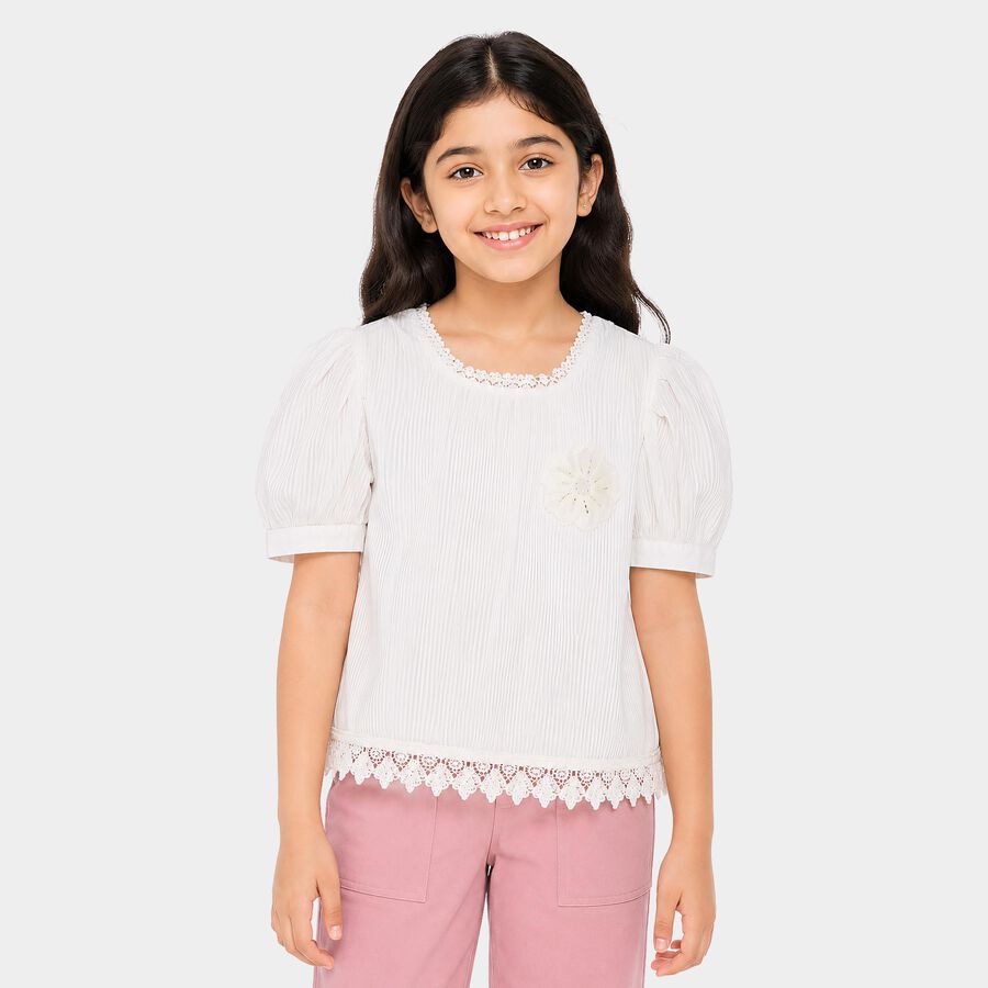 Girls White Round Neck Regular T-Shirt, सफ़ेद, large