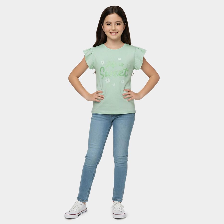 Girls' Mint Green Cotton Round Neck Casual T-Shirt, Light Green, large