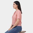 Women's Pink Round Neck Puff Sleeve Textured Top, Pink, small