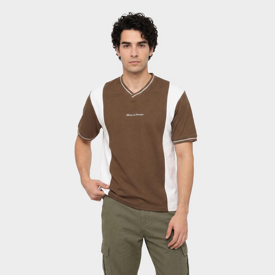 Men's Khaki V-Neck Regular T-Shirt, Khaki, large