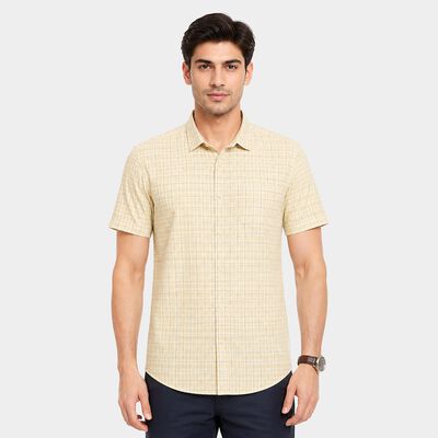 Men's Beige Cotton Half Sleeve Spread Collar Regular Fit Casual Shirt