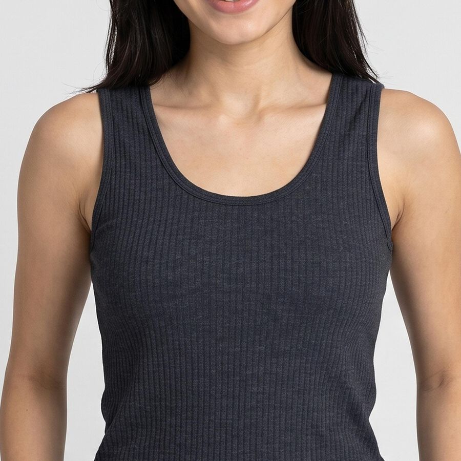 Women's Navy Blue Sleeveless Ribbed Thermal, मध्यम नीला, large