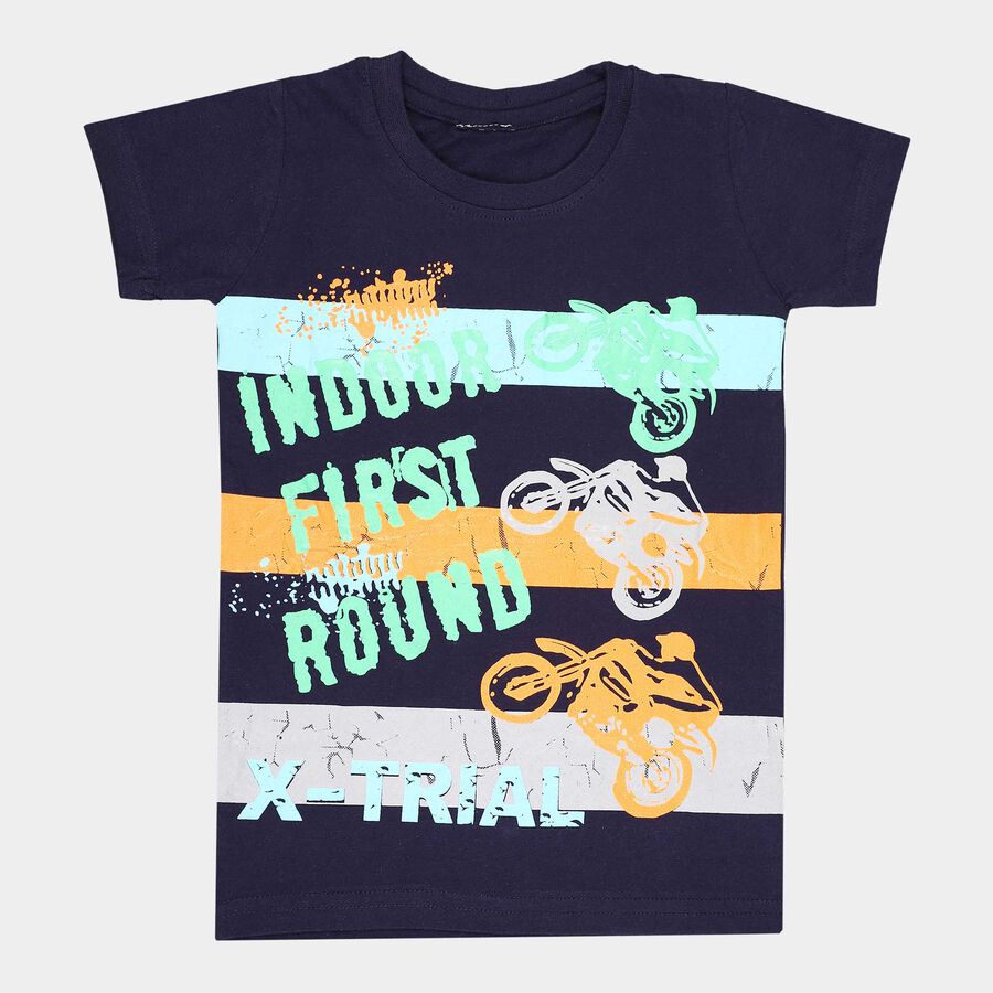 Boys Cotton Stripes T-Shirt, Navy Blue, large image number null