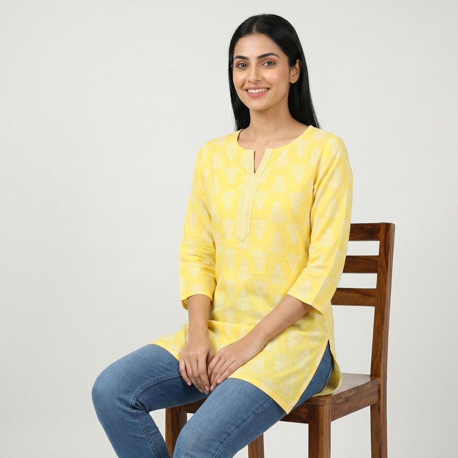 Women's Yellow Notch Neck Floral Printed Kurti, Yellow, large