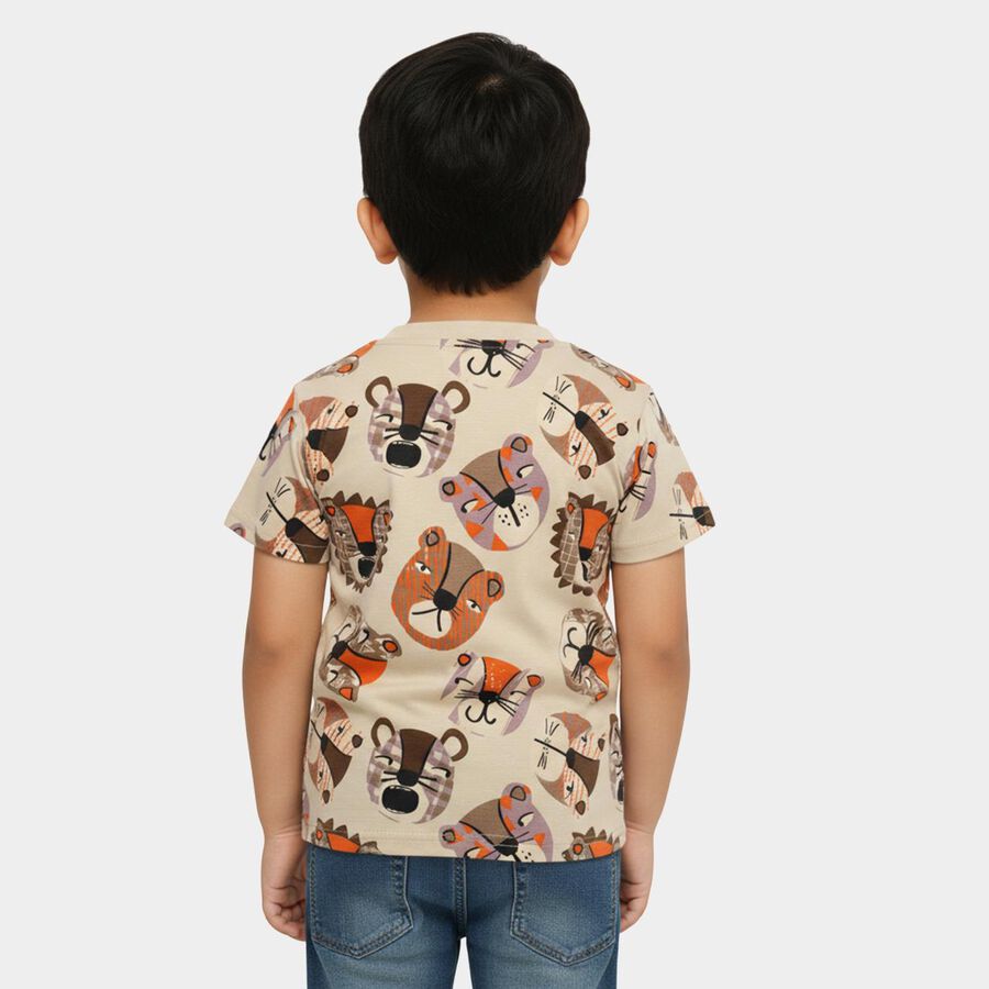 Boys Beige Cotton Round Neck Casual T-Shirt, Beige, large