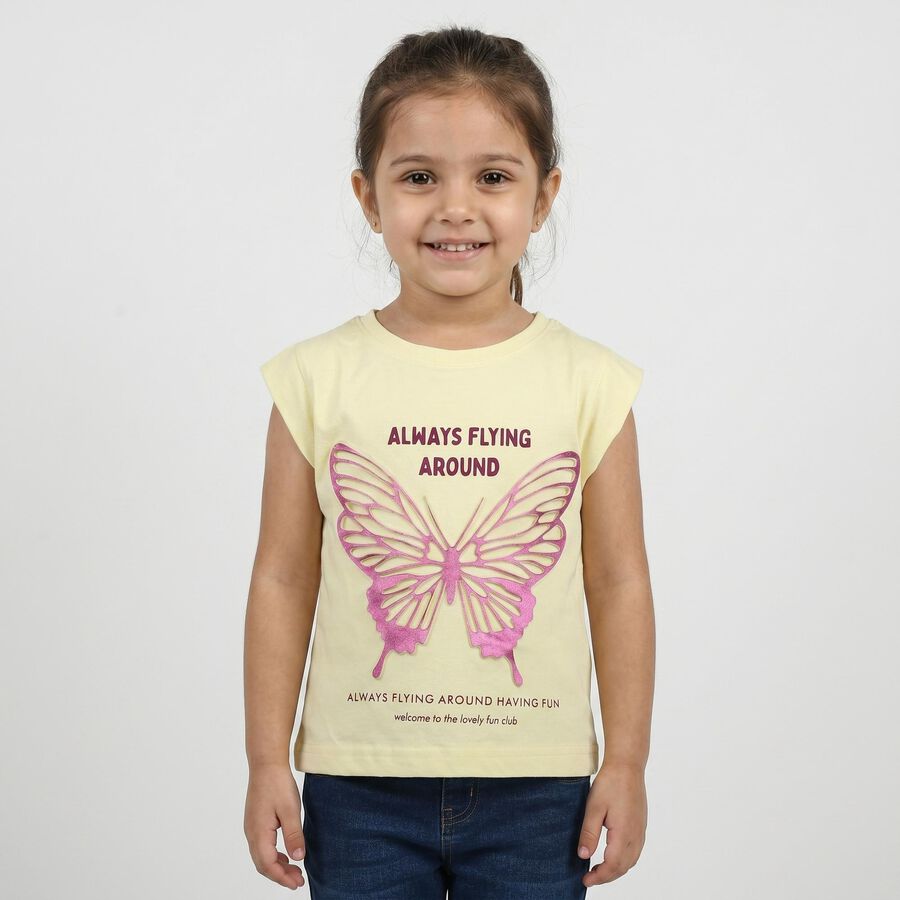 Girls Yellow Cotton Round Neck Regular T-Shirt, पीला, large