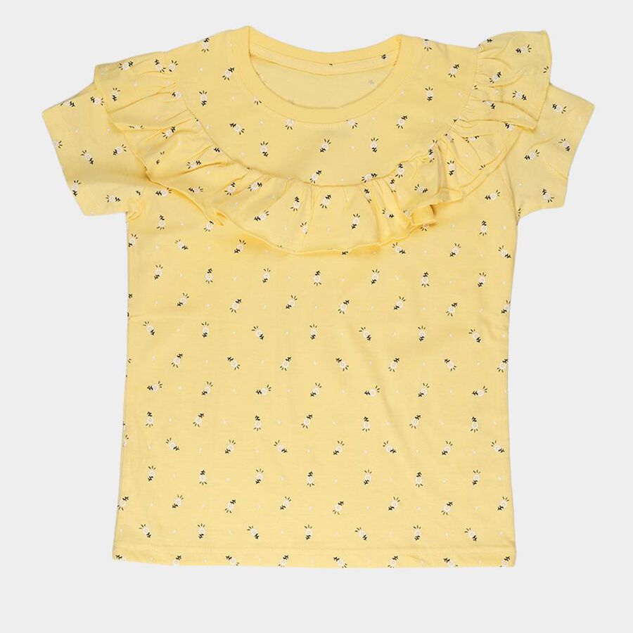 Girls' Yellow Cotton Round Neck Graphic Printed T-Shirt, Yellow, large