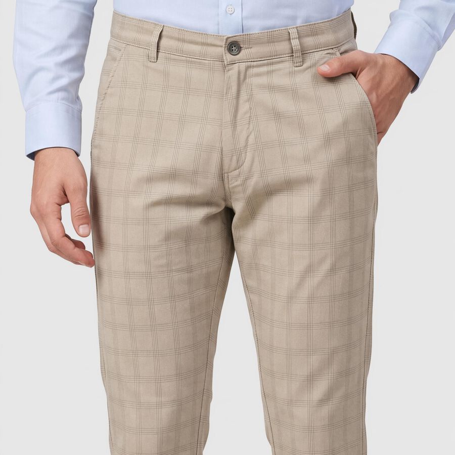 Men's Light Grey Slim Fit Checked Casual Trousers, Light Grey, large