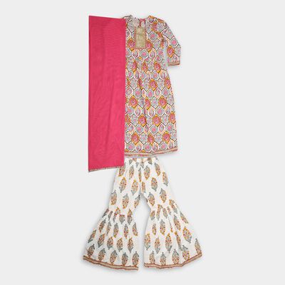 Girls' Bright Multicolor Printed Notch Neckline Kurta and Palazzo Fusion Set