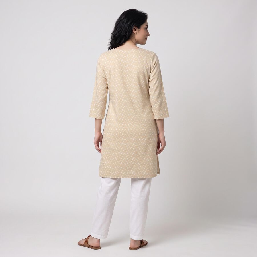 Women's Beige Round Neck Geometric Printed Straight Kurta, गहरा पीला, large