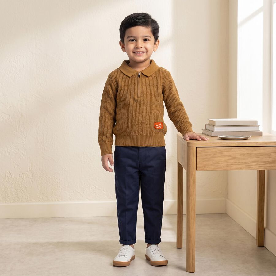Boys Brown Collared Half Zip Pullover, भूरा, large