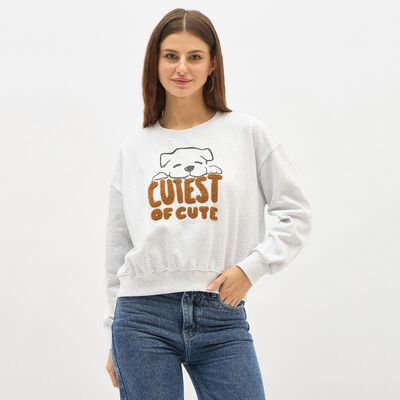 Women's Light Grey Crew Neck Casual Sweatshirt