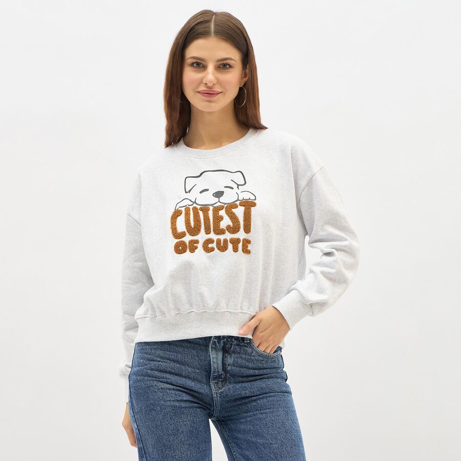 Women's Light Grey Crew Neck Casual Sweatshirt, Melange Light Grey, large image number null