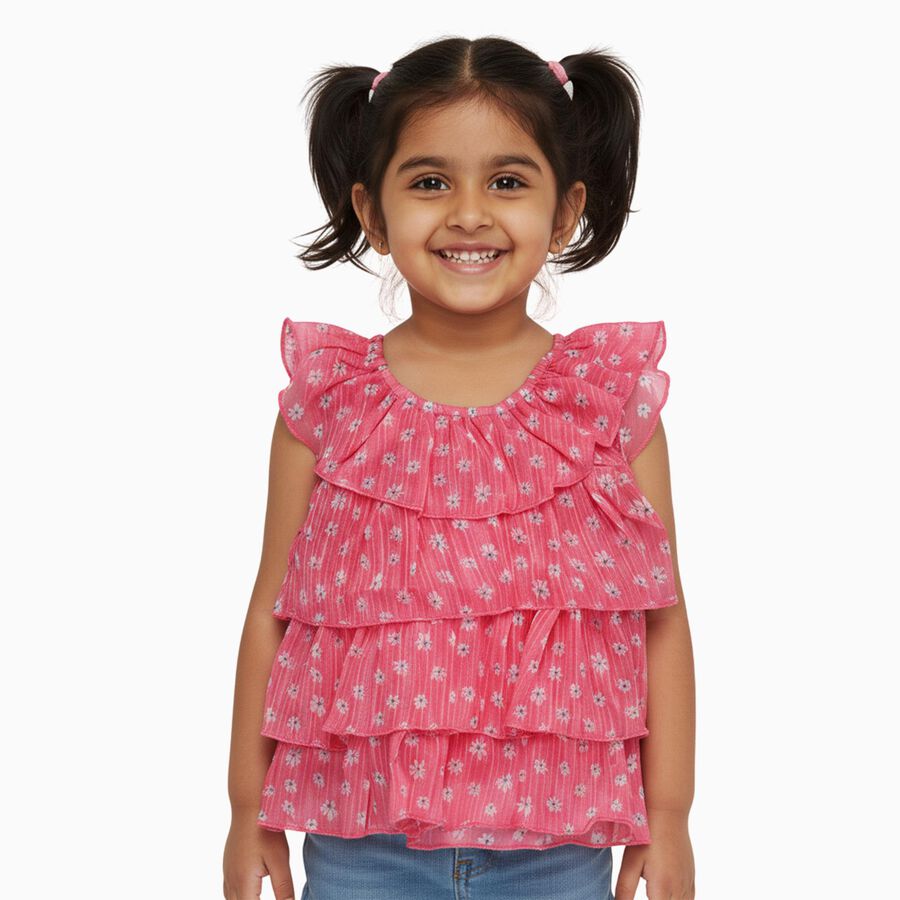 Girls Bright Pink Round Neck Casual Sleeveless T-Shirt, Pink, large
