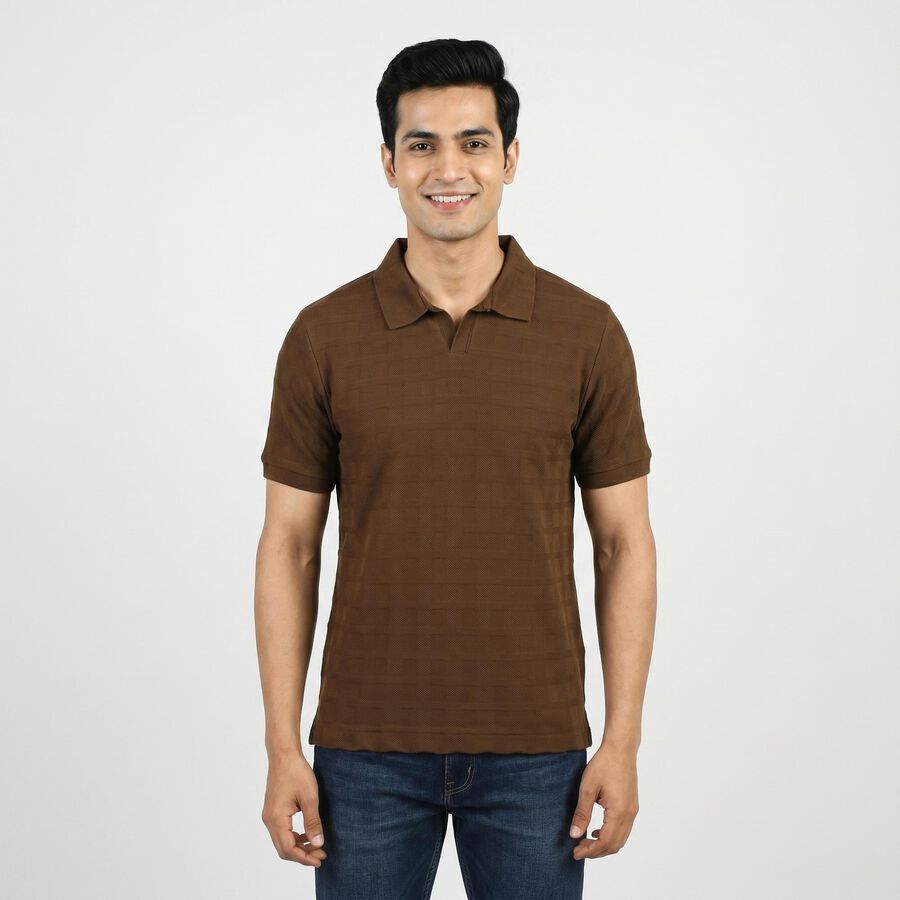 Men's Brown Polo Neck Casual T-Shirt, Brown, large