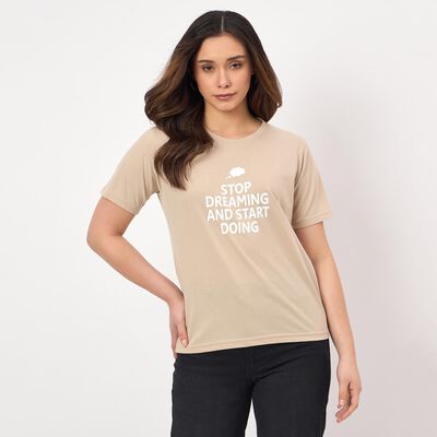 Women's Beige Round Neck Minimalist T-Shirt