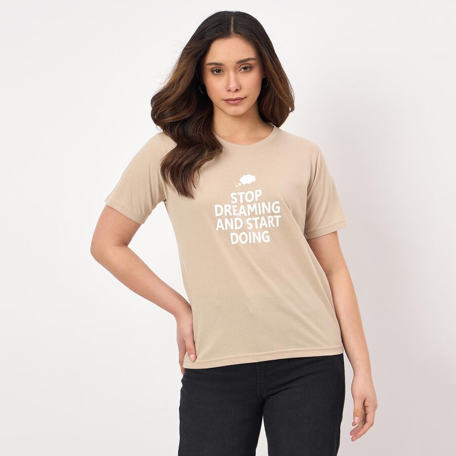 Women's Beige Round Neck Minimalist T-Shirt, Beige, large