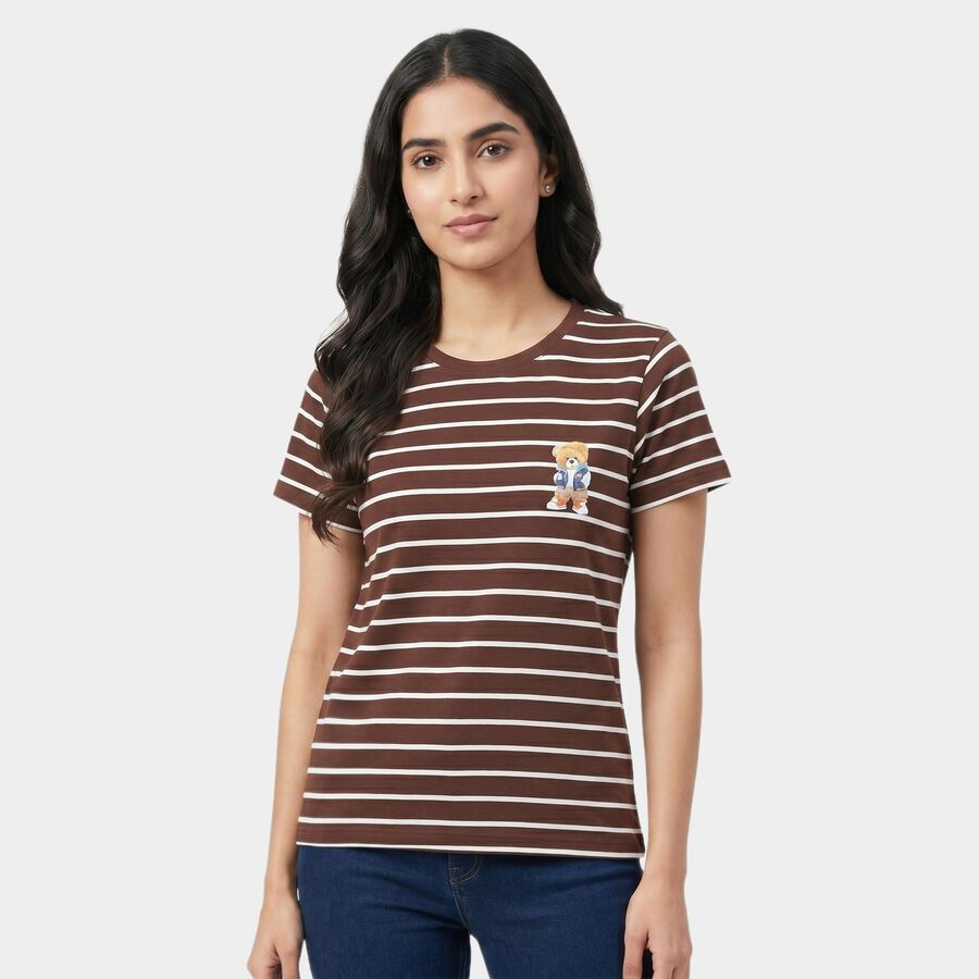 Women's Brown Round Neck Regular T-Shirt, Brown, large